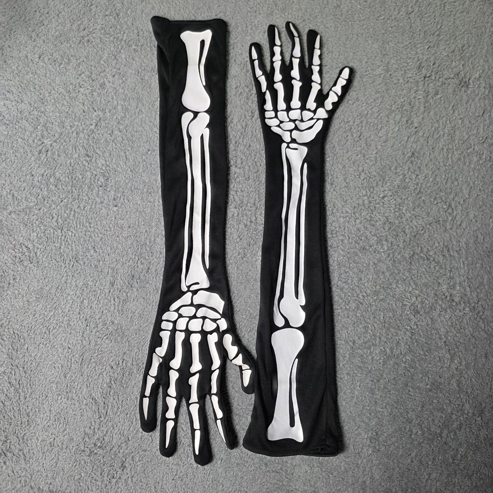 Skeleton Gloves Unisex OS Black White Long Opera Length Bone Print
